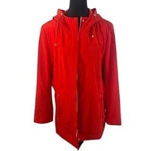 Calvin Klein Womens Red Hooded Rain Jacket Lightweight Utility Coat Large